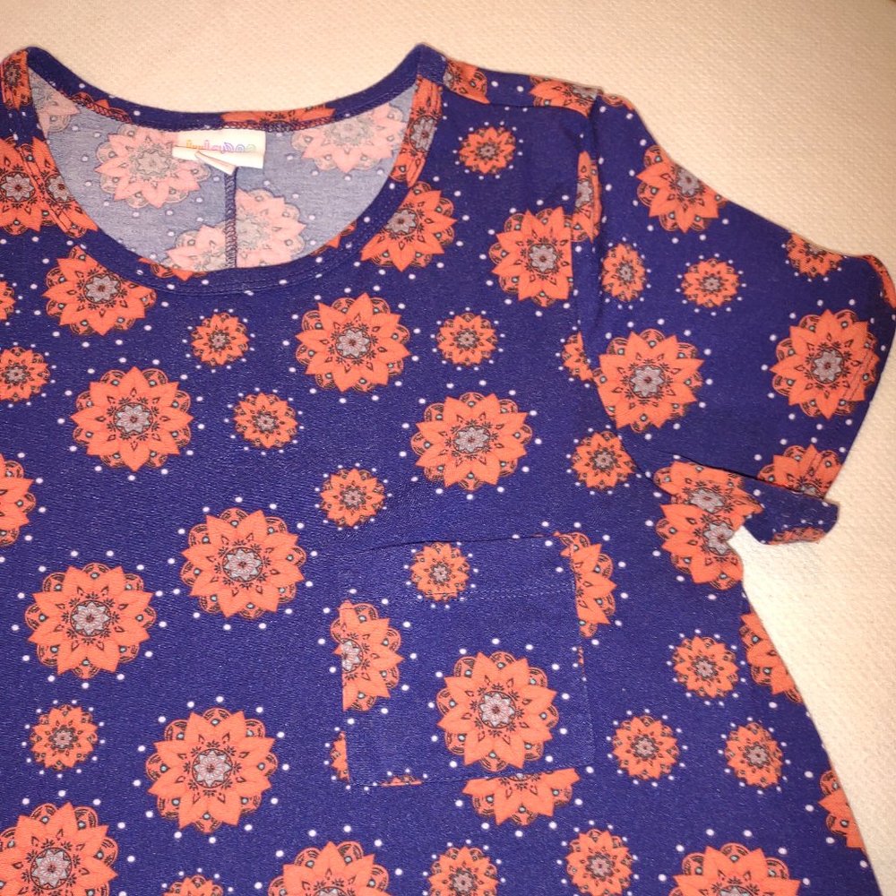 LULAROE NAVY WITH SALMON/ORANGE FLORAL SHORT SLEEVED SUMMER DRESS WOMAN'S SIZE S
